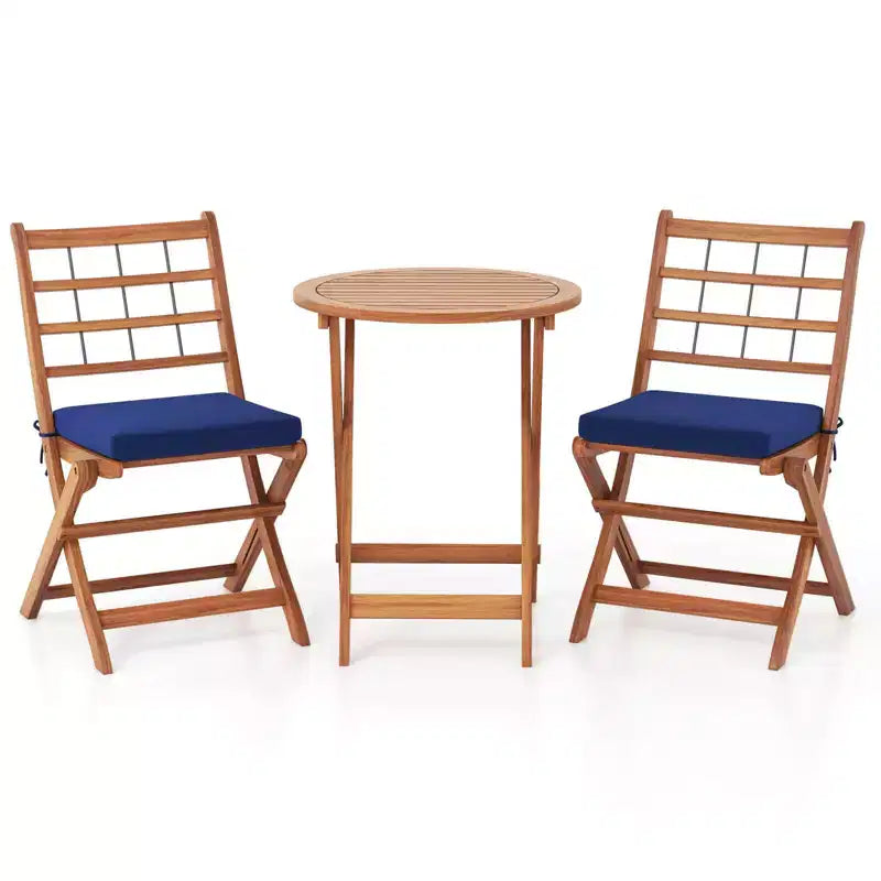 Costway 3 PCS Acacia Wood Patio Bistro Set Folding Outdoor Table and Chairs with Cushions Off White/Navy/Gray