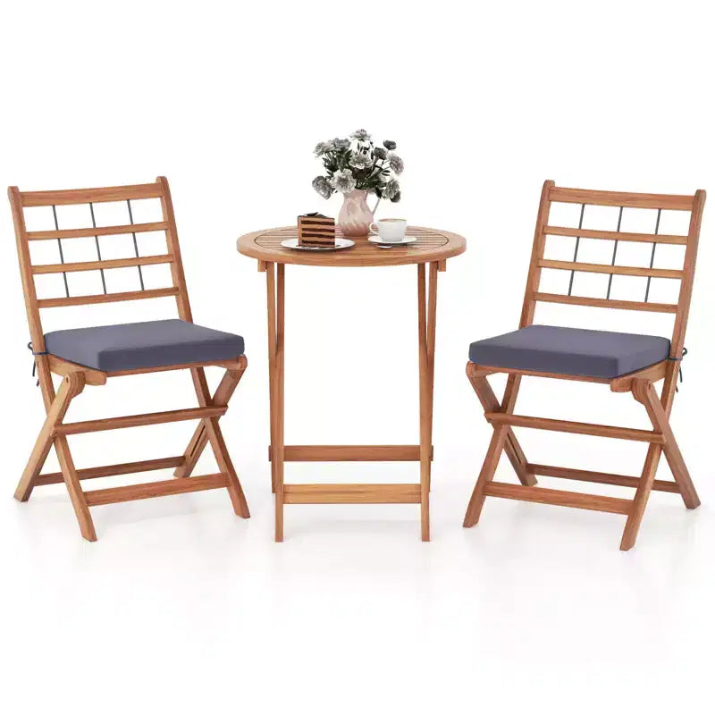 Costway 3 PCS Acacia Wood Patio Bistro Set Folding Outdoor Table and Chairs with Cushions Off White/Navy/Gray