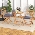 Costway 3 PCS Acacia Wood Patio Bistro Set Folding Outdoor Table and Chairs with Cushions Off White/Navy/Gray