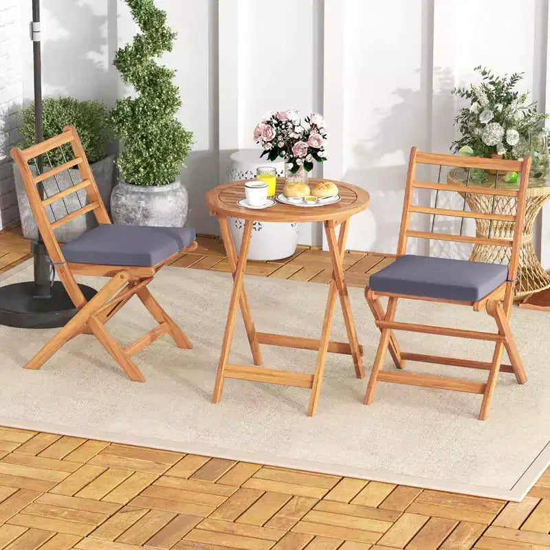 Costway 3 PCS Acacia Wood Patio Bistro Set Folding Outdoor Table and Chairs with Cushions Off White/Navy/Gray