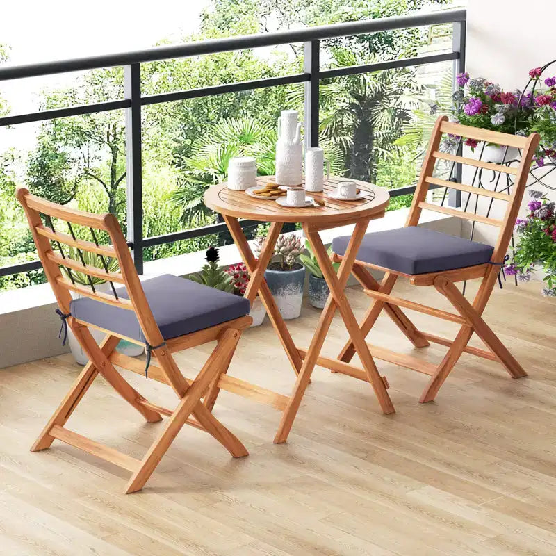 Costway 3 PCS Acacia Wood Patio Bistro Set Folding Outdoor Table and Chairs with Cushions Off White/Navy/Gray