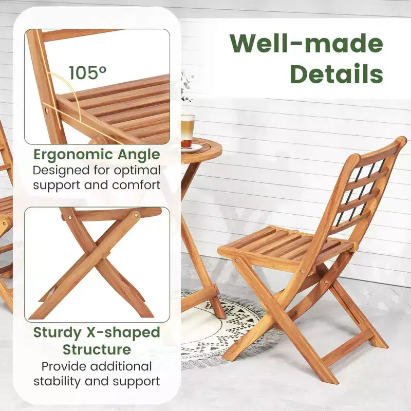 Costway 3 PCS Acacia Wood Patio Bistro Set Folding Outdoor Table and Chairs with Cushions Off White/Navy/Gray