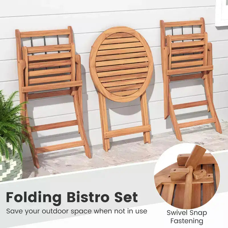 Costway 3 PCS Acacia Wood Patio Bistro Set Folding Outdoor Table and Chairs with Cushions Off White/Navy/Gray