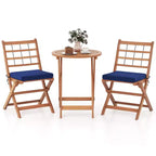 Costway 3 PCS Acacia Wood Patio Bistro Set Folding Outdoor Table and Chairs with Cushions Off White/Navy/Gray
