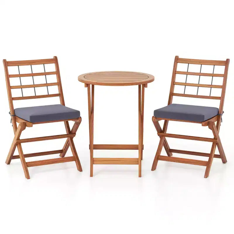 Costway 3 PCS Acacia Wood Patio Bistro Set Folding Outdoor Table and Chairs with Cushions Off White/Navy/Gray