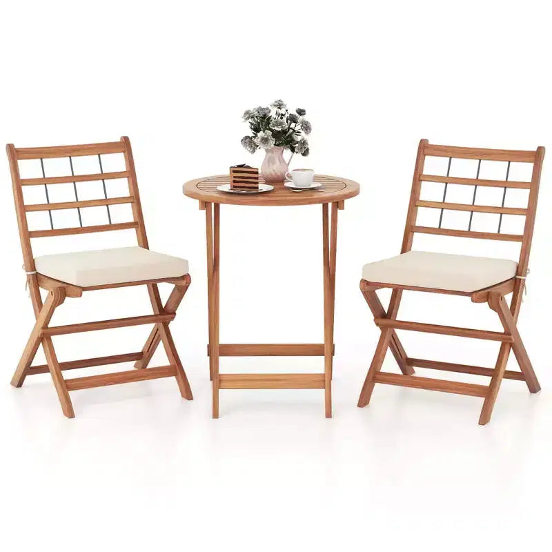 Costway 3 PCS Acacia Wood Patio Bistro Set Folding Outdoor Table and Chairs with Cushions Off White/Navy/Gray