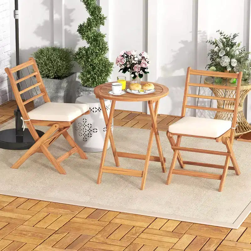 Costway 3 PCS Acacia Wood Patio Bistro Set Folding Outdoor Table and Chairs with Cushions Off White/Navy/Gray
