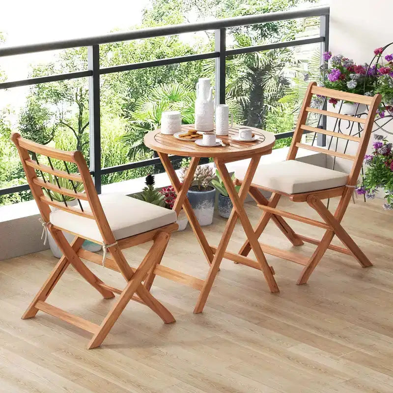 Costway 3 PCS Acacia Wood Patio Bistro Set Folding Outdoor Table and Chairs with Cushions Off White/Navy/Gray
