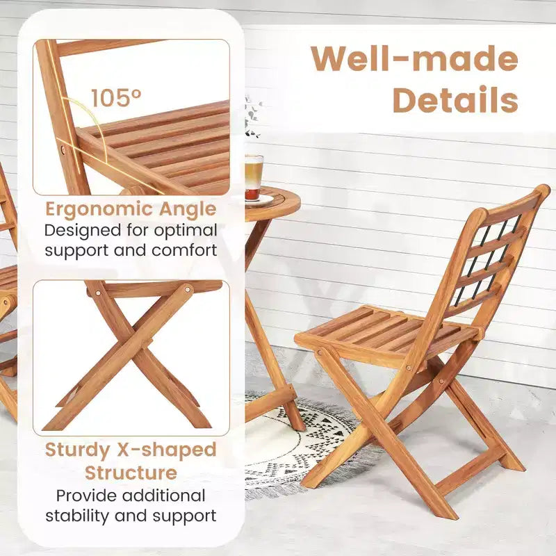 Costway 3 PCS Acacia Wood Patio Bistro Set Folding Outdoor Table and Chairs with Cushions Off White/Navy/Gray