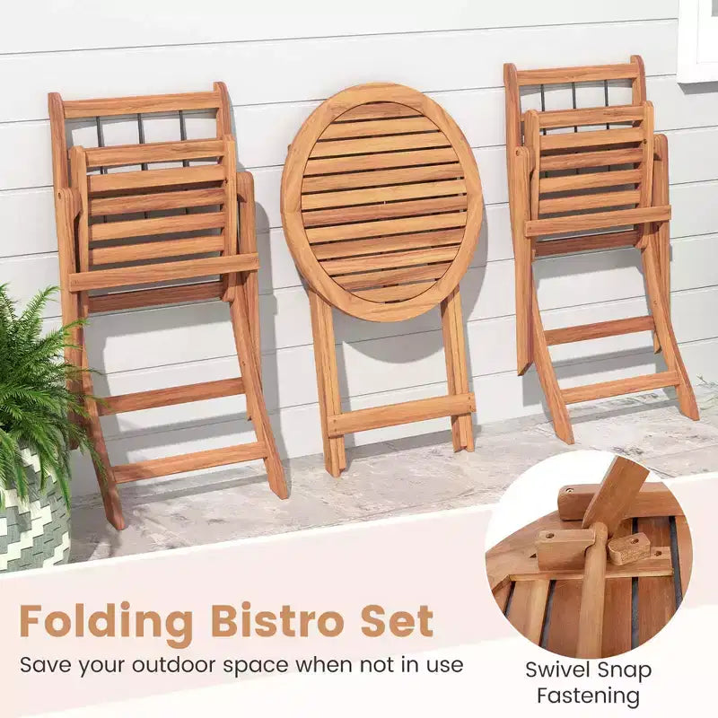 Costway 3 PCS Acacia Wood Patio Bistro Set Folding Outdoor Table and Chairs with Cushions Off White/Navy/Gray