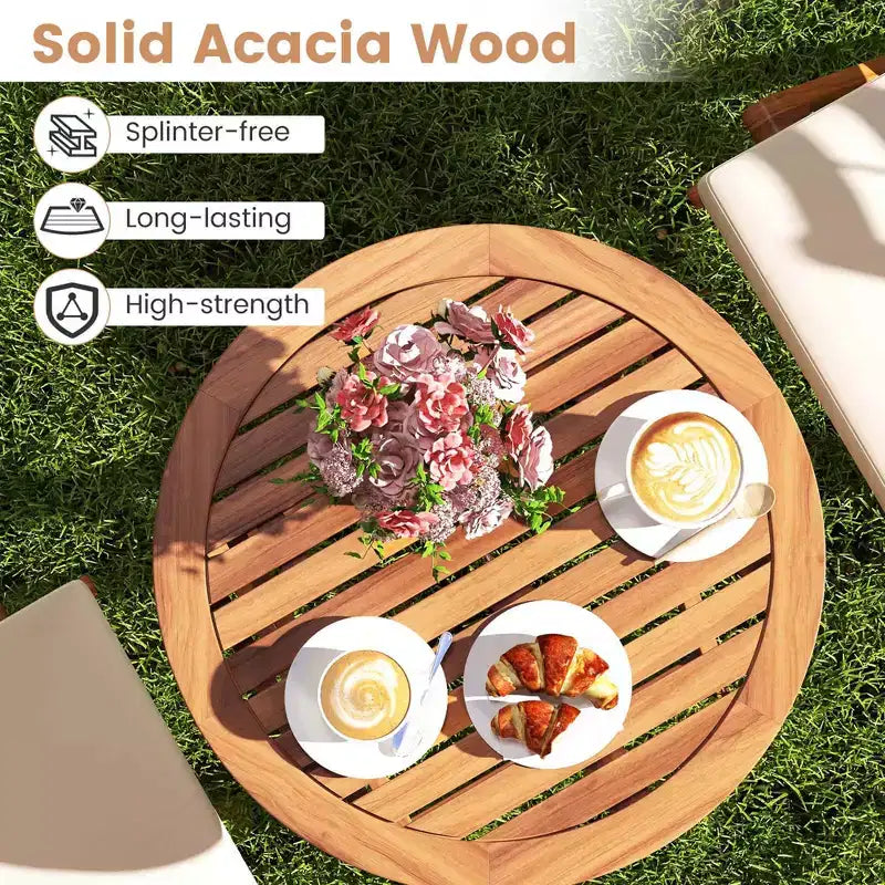 Costway 3 PCS Acacia Wood Patio Bistro Set Folding Outdoor Table and Chairs with Cushions Off White/Navy/Gray