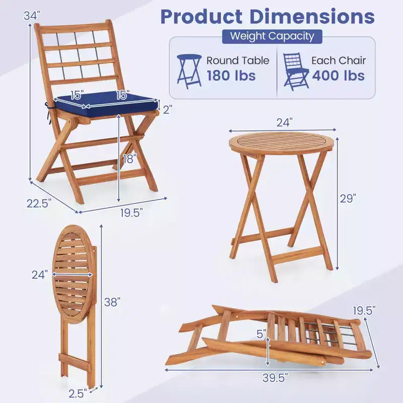 Costway 3 PCS Acacia Wood Patio Bistro Set Folding Outdoor Table and Chairs with Cushions Off White/Navy/Gray