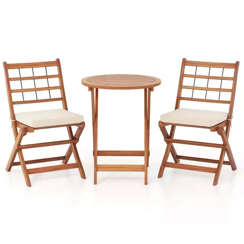 Costway 3 PCS Acacia Wood Patio Bistro Set Folding Outdoor Table and Chairs with Cushions Off White/Navy/Gray
