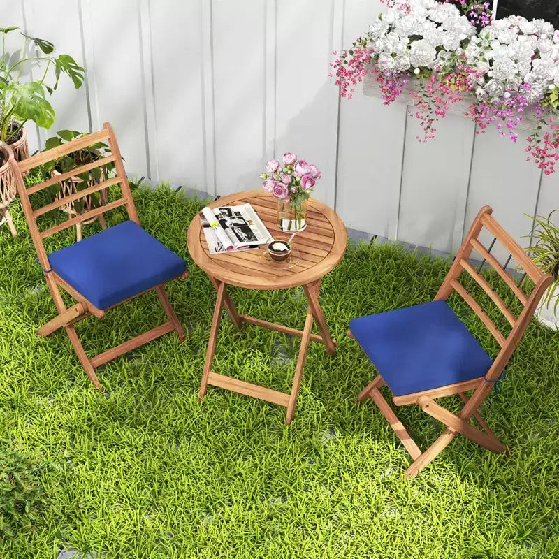 Costway 3 PCS Acacia Wood Patio Bistro Set Folding Outdoor Table and Chairs with Cushions Off White/Navy/Gray
