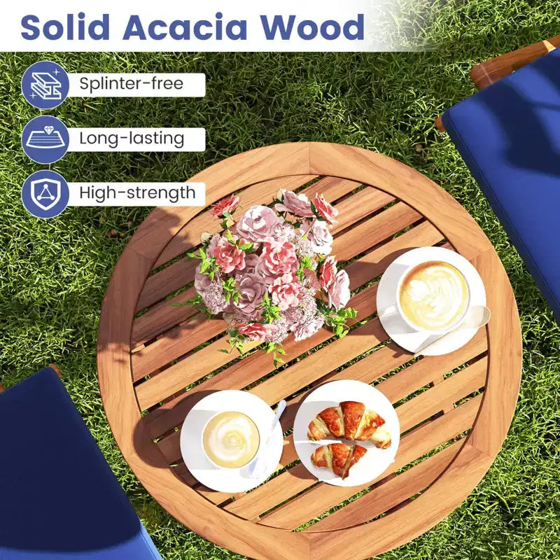 Costway 3 PCS Acacia Wood Patio Bistro Set Folding Outdoor Table and Chairs with Cushions Off White/Navy/Gray