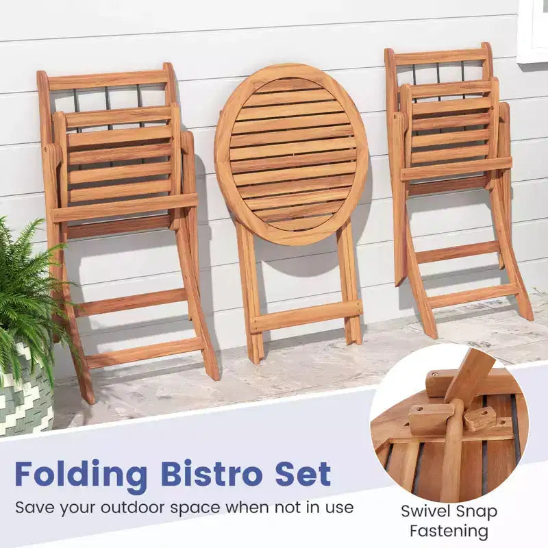Costway 3 PCS Acacia Wood Patio Bistro Set Folding Outdoor Table and Chairs with Cushions Off White/Navy/Gray