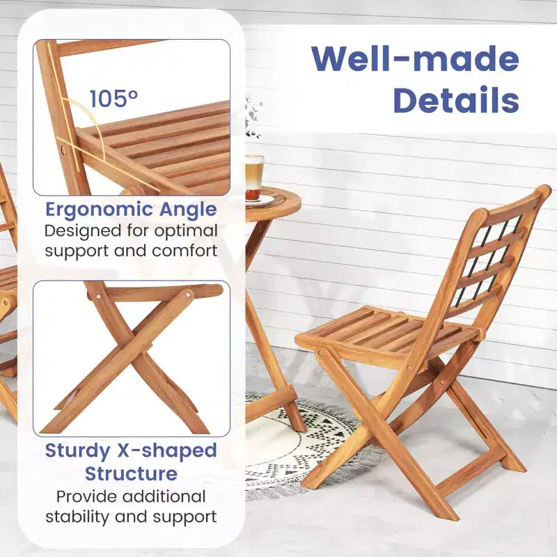 Costway 3 PCS Acacia Wood Patio Bistro Set Folding Outdoor Table and Chairs with Cushions Off White/Navy/Gray