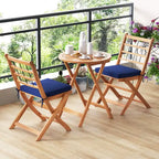 Costway 3 PCS Acacia Wood Patio Bistro Set Folding Outdoor Table and Chairs with Cushions Off White/Navy/Gray