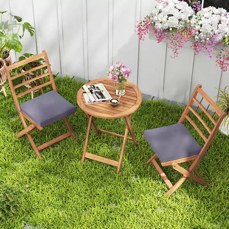 Costway 3 PCS Acacia Wood Patio Bistro Set Folding Outdoor Table and Chairs with Cushions Off White/Navy/Gray