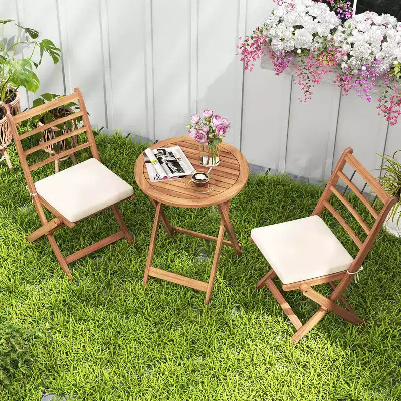 Costway 3 PCS Acacia Wood Patio Bistro Set Folding Outdoor Table and Chairs with Cushions Off White/Navy/Gray