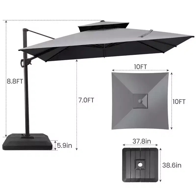 Crestlive Products 10 Feet Square 2-Tier Top Patio Cantilever Offset Umbrella 360 Shade With Weighted Base