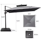 Crestlive Products 10 Feet Square 2-Tier Top Patio Cantilever Offset Umbrella 360 Shade With Weighted Base