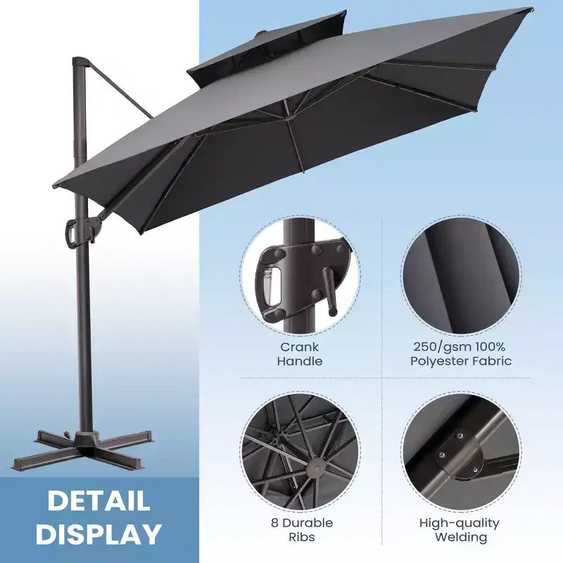 Crestlive Products 10 Feet Square 2-Tier Top Patio Cantilever Offset Umbrella 360 Shade With Weighted Base