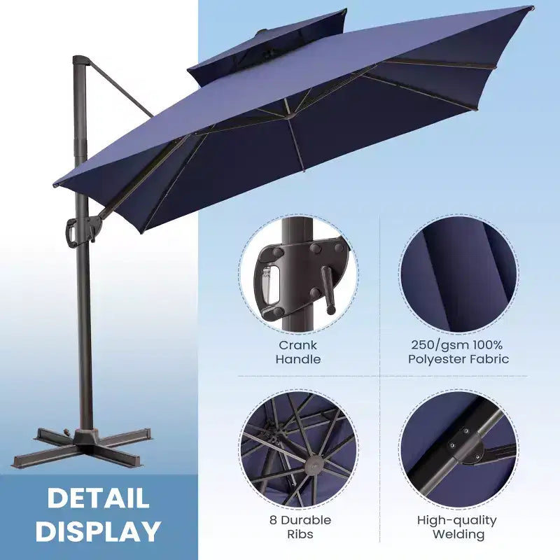 Crestlive Products 10 Feet Square 2-Tier Top Patio Cantilever Offset Umbrella 360 Shade With Weighted Base