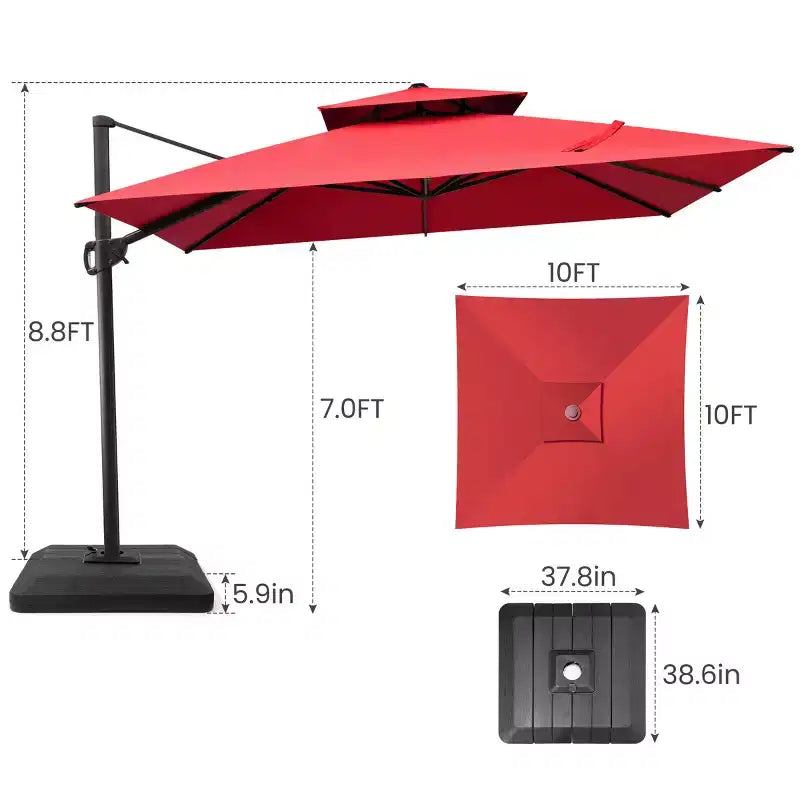 Crestlive Products 10 Feet Square 2-Tier Top Patio Cantilever Offset Umbrella 360 Shade With Weighted Base