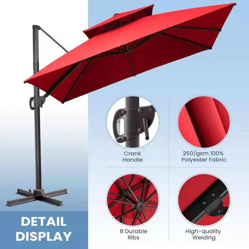 Crestlive Products 10 Feet Square 2-Tier Top Patio Cantilever Offset Umbrella 360 Shade With Weighted Base