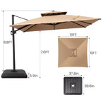 Crestlive Products 10 Feet Square 2-Tier Top Patio Cantilever Offset Umbrella 360 Shade With Weighted Base