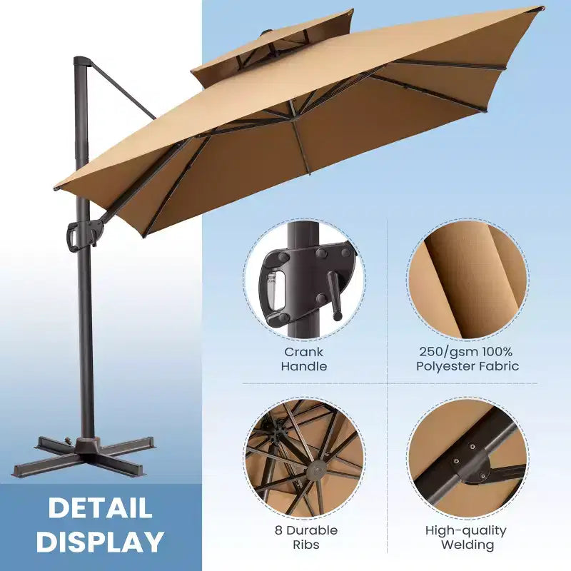 Crestlive Products 10 Feet Square 2-Tier Top Patio Cantilever Offset Umbrella 360 Shade With Weighted Base