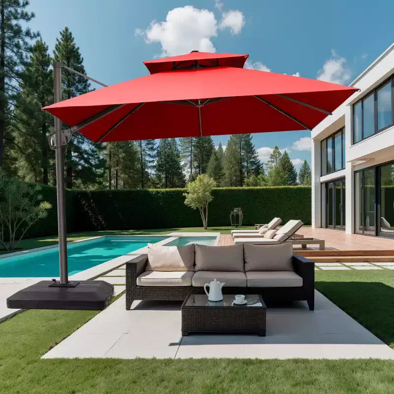 Crestlive Products 10 Feet Square 2-Tier Top Patio Cantilever Offset Umbrella 360 Shade With Weighted Base