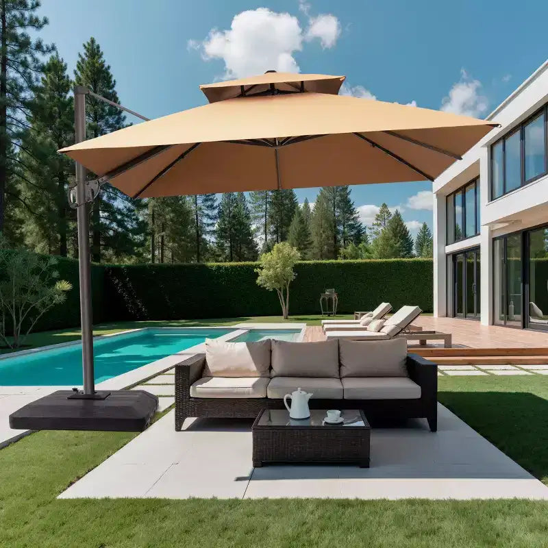 Crestlive Products 10 Feet Square 2-Tier Top Patio Cantilever Offset Umbrella 360 Shade With Weighted Base
