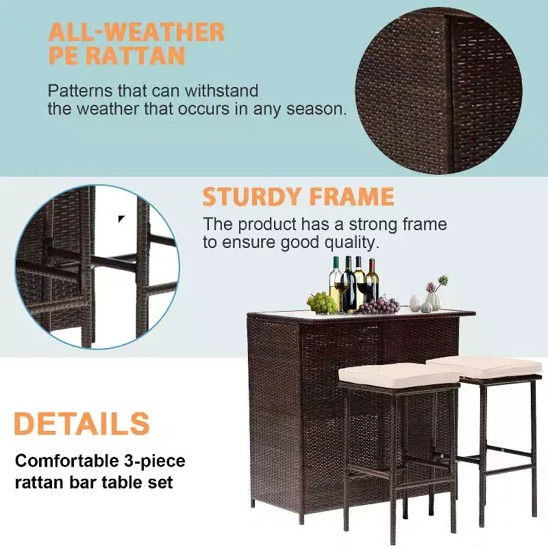 FDW 3 Piece Bar Set Patio Furniture Sturdy Frame Bar Height Table with Two Stools Glass Top and Storage Shelves Perfect for Balcony Pool Side