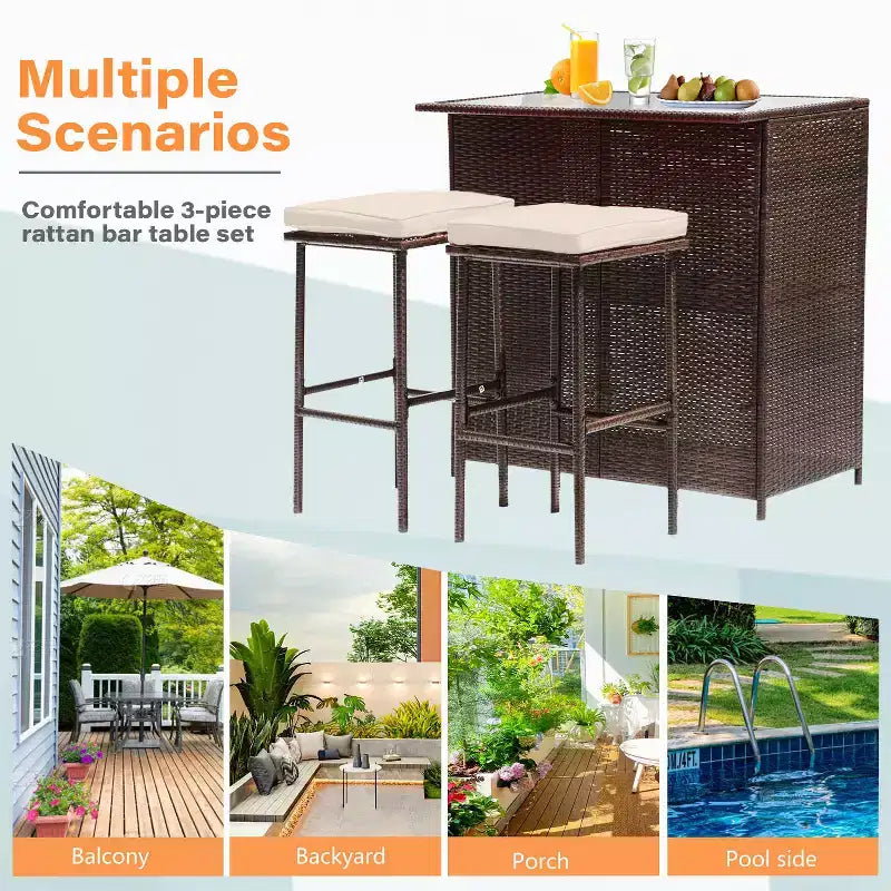 FDW 3 Piece Bar Set Patio Furniture Sturdy Frame Bar Height Table with Two Stools Glass Top and Storage Shelves Perfect for Balcony Pool Side