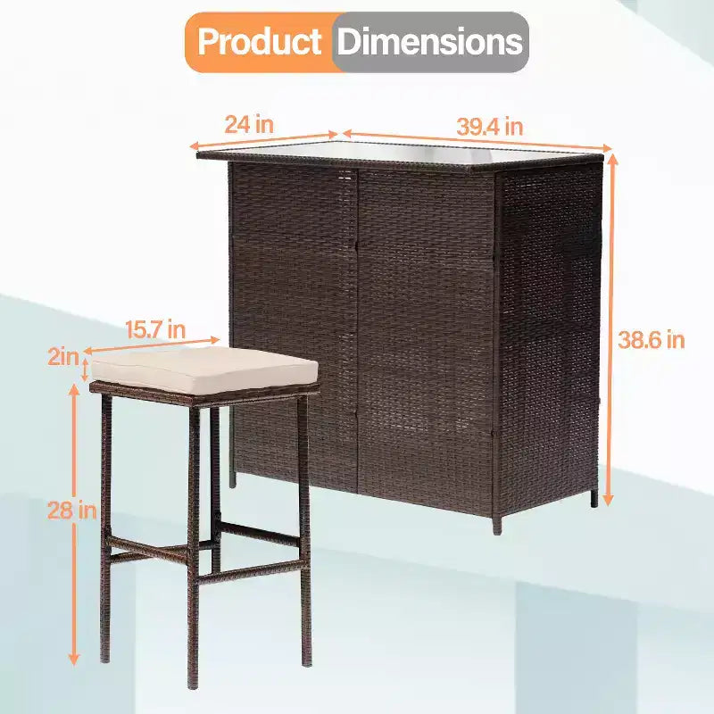 FDW 3 Piece Bar Set Patio Furniture Sturdy Frame Bar Height Table with Two Stools Glass Top and Storage Shelves Perfect for Balcony Pool Side