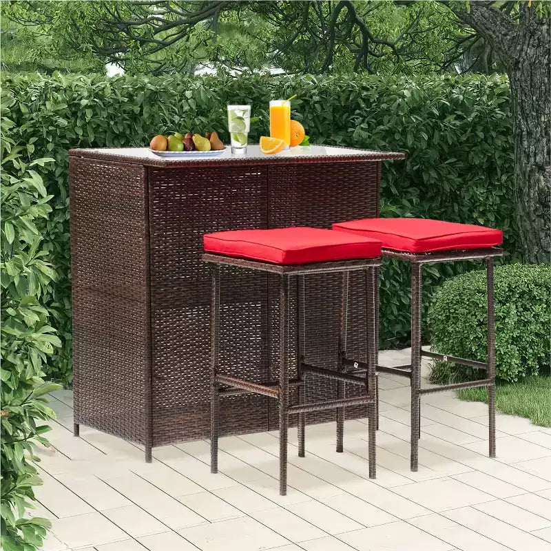 FDW 3 Piece Bar Set Patio Furniture Sturdy Frame Bar Height Table with Two Stools Glass Top and Storage Shelves Perfect for Balcony Pool Side