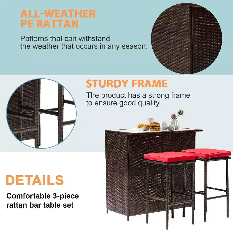 FDW 3 Piece Bar Set Patio Furniture Sturdy Frame Bar Height Table with Two Stools Glass Top and Storage Shelves Perfect for Balcony Pool Side