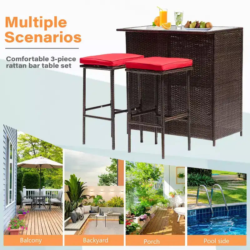 FDW 3 Piece Bar Set Patio Furniture Sturdy Frame Bar Height Table with Two Stools Glass Top and Storage Shelves Perfect for Balcony Pool Side