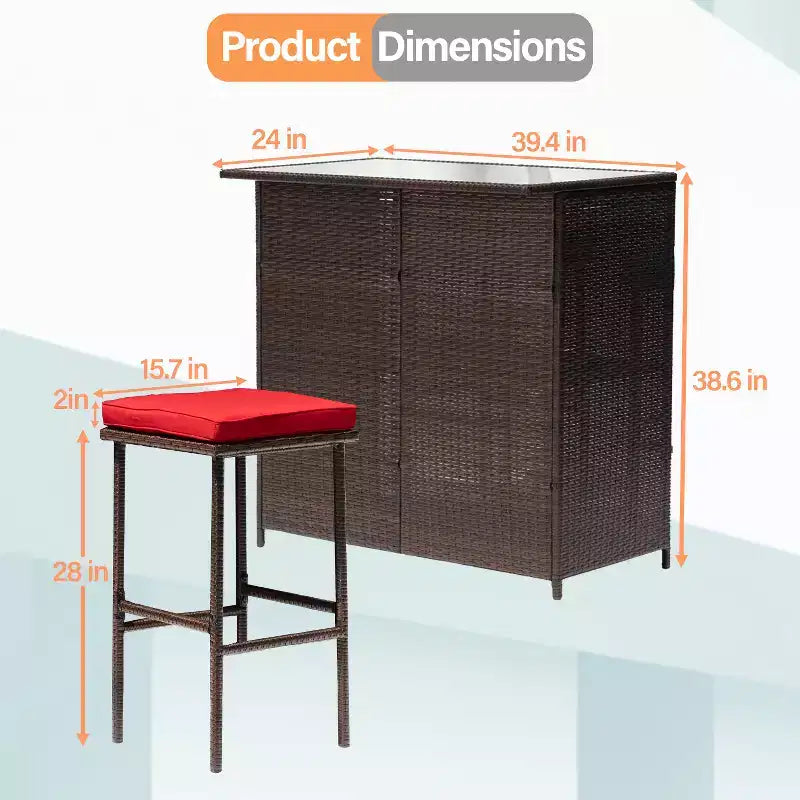 FDW 3 Piece Bar Set Patio Furniture Sturdy Frame Bar Height Table with Two Stools Glass Top and Storage Shelves Perfect for Balcony Pool Side