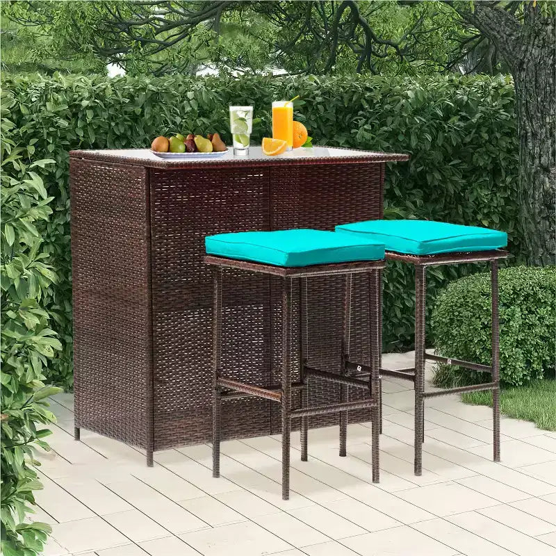 FDW 3 Piece Bar Set Patio Furniture Sturdy Frame Bar Height Table with Two Stools Glass Top and Storage Shelves Perfect for Balcony Pool Side