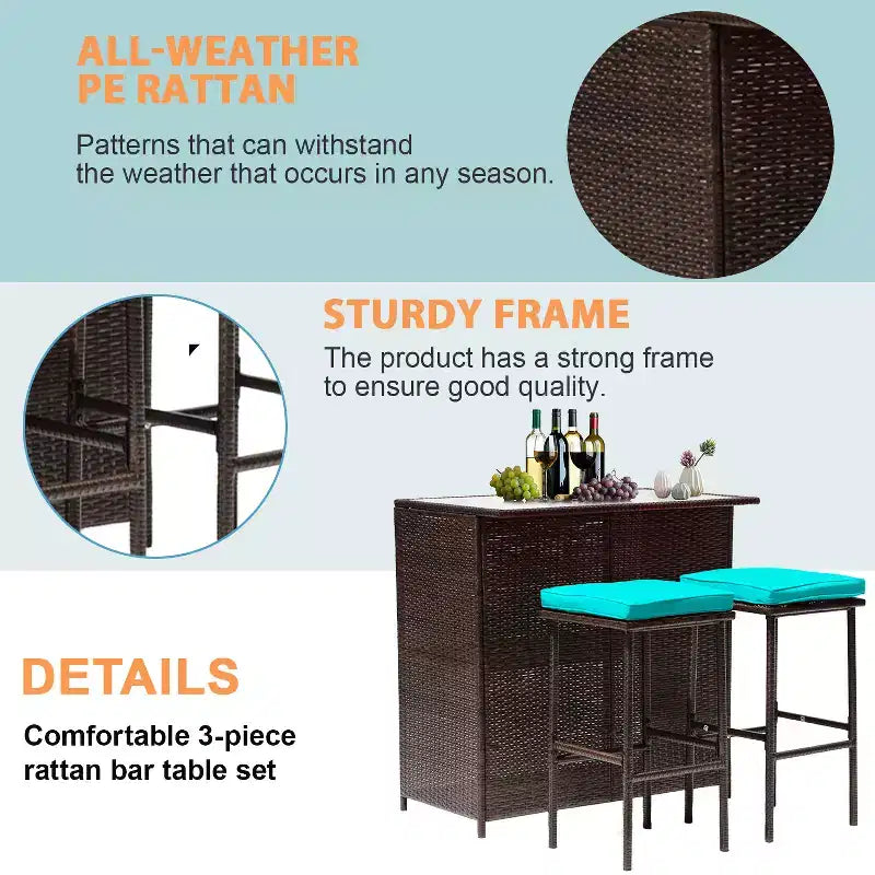 FDW 3 Piece Bar Set Patio Furniture Sturdy Frame Bar Height Table with Two Stools Glass Top and Storage Shelves Perfect for Balcony Pool Side