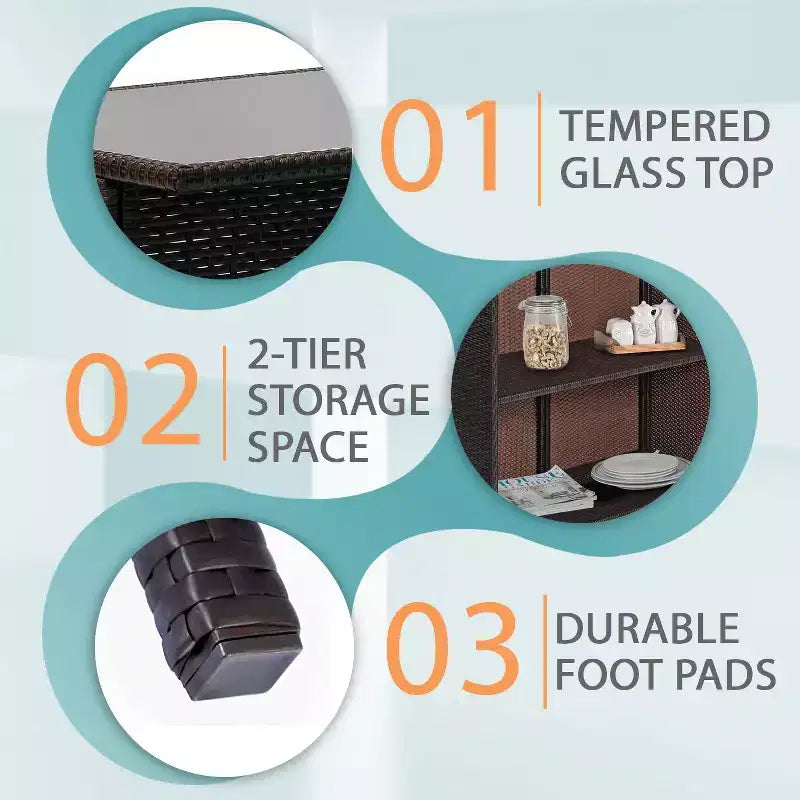 FDW 3 Piece Bar Set Patio Furniture Sturdy Frame Bar Height Table with Two Stools Glass Top and Storage Shelves Perfect for Balcony Pool Side