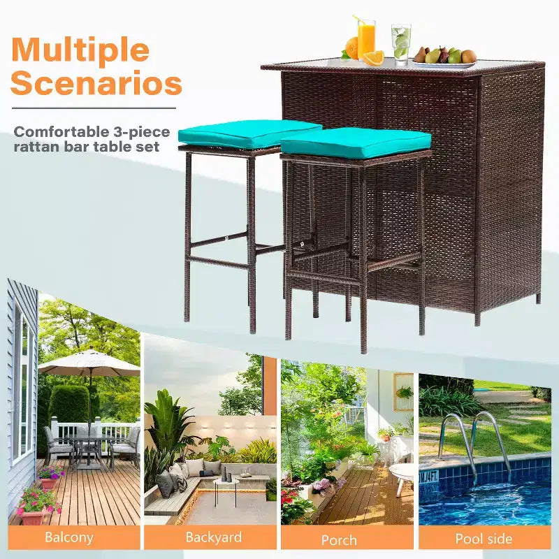 FDW 3 Piece Bar Set Patio Furniture Sturdy Frame Bar Height Table with Two Stools Glass Top and Storage Shelves Perfect for Balcony Pool Side