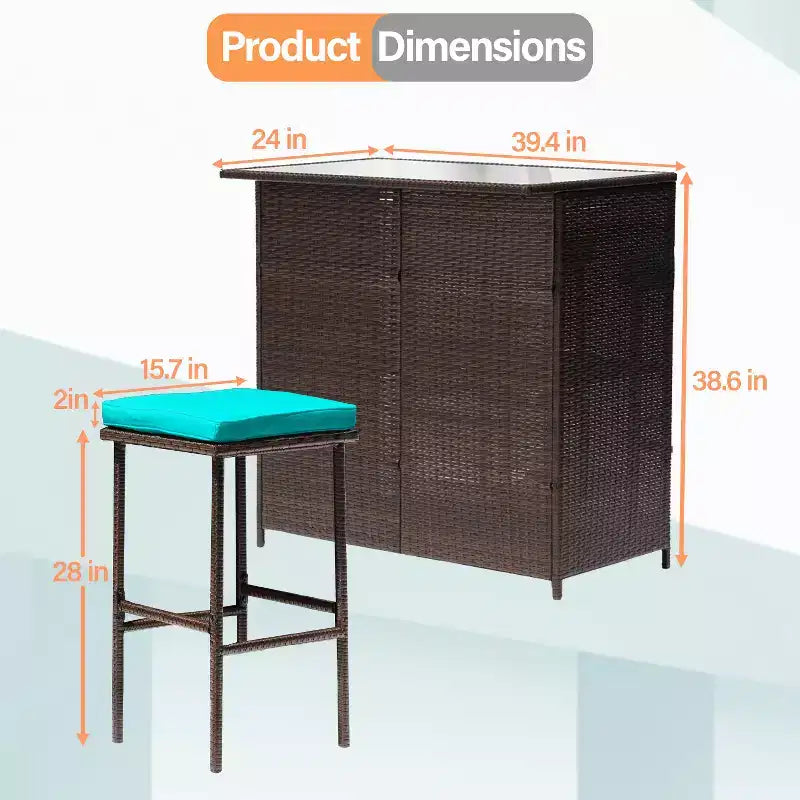 FDW 3 Piece Bar Set Patio Furniture Sturdy Frame Bar Height Table with Two Stools Glass Top and Storage Shelves Perfect for Balcony Pool Side