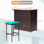 FDW 3 Piece Bar Set Patio Furniture Sturdy Frame Bar Height Table with Two Stools Glass Top and Storage Shelves Perfect for Balcony Pool Side