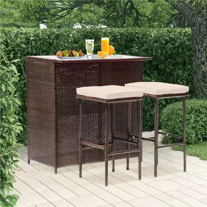 FDW 3 Piece Bar Set Patio Furniture Sturdy Frame Bar Height Table with Two Stools Glass Top and Storage Shelves Perfect for Balcony Pool Side