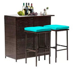 FDW 3 Piece Bar Set Patio Furniture Sturdy Frame Bar Height Table with Two Stools Glass Top and Storage Shelves Perfect for Balcony Pool Side