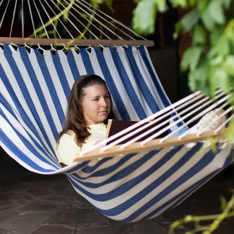 Northlight Striped Macrame Quilted Two Person Double Hammock - 9' x 56 - Blue and Cream